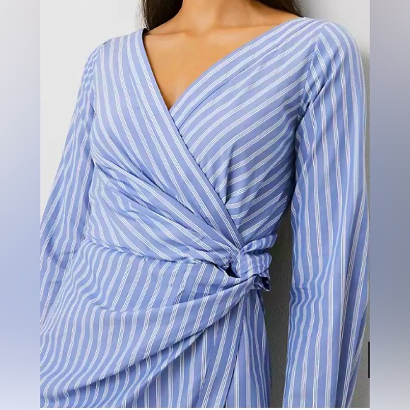 Ann Taylor Blue and White Striped/Long Sleeve Wrap/Midi Shirt Dress/Size 8 - Picture 4 of 6